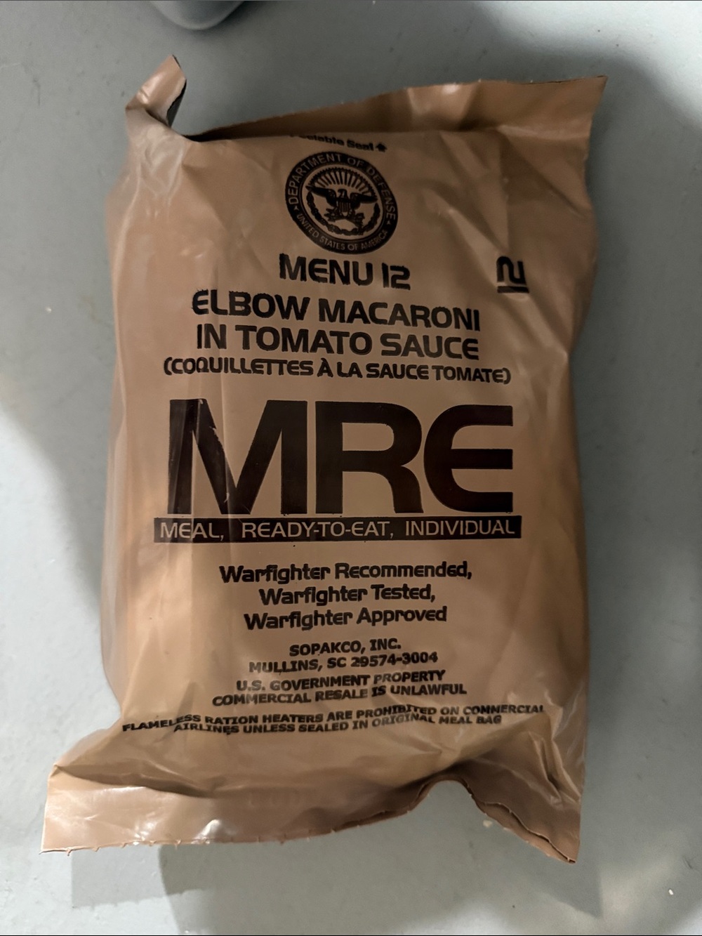 MRE Elbow Macaroni in Tomato Sauce - Tan Ready-to-Eat Meal # 12